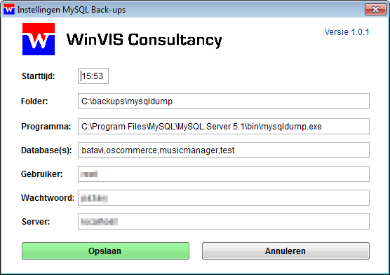 WinVIS MySQL back-up instellingen